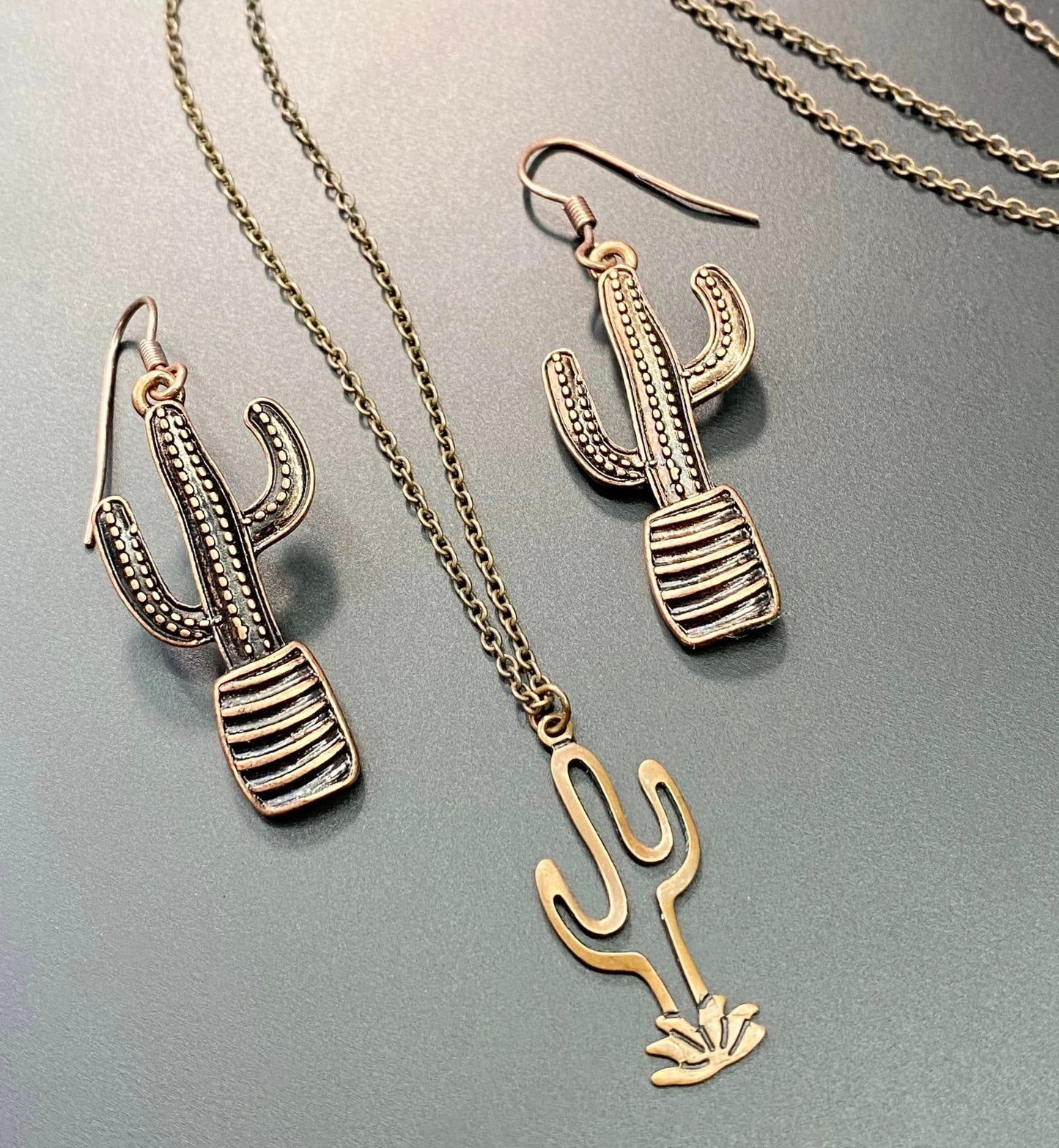 Copper Tone Cactus Earrings & Necklace