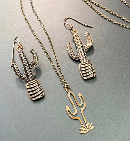Copper Tone Cactus Earrings & Necklace