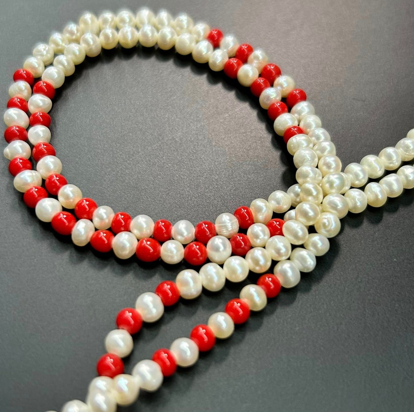 Double Strand Pearl & Red Bead Necklace