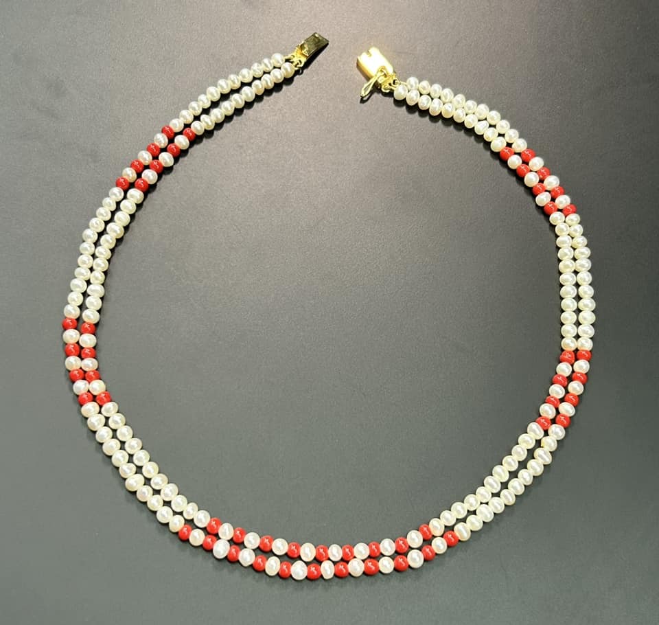 Double Strand Pearl & Red Bead Necklace