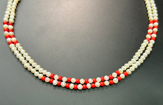 Double Strand Pearl & Red Bead Necklace