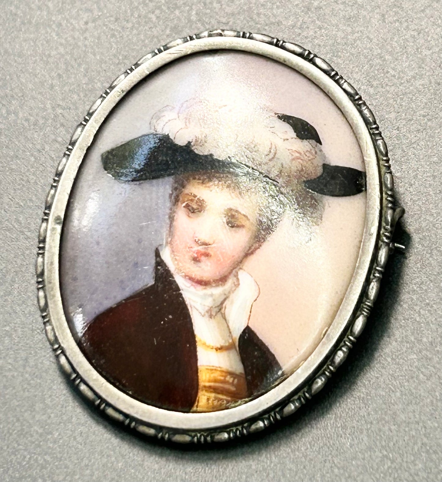 Antique Sterling Silver Painted Portrait Brooch