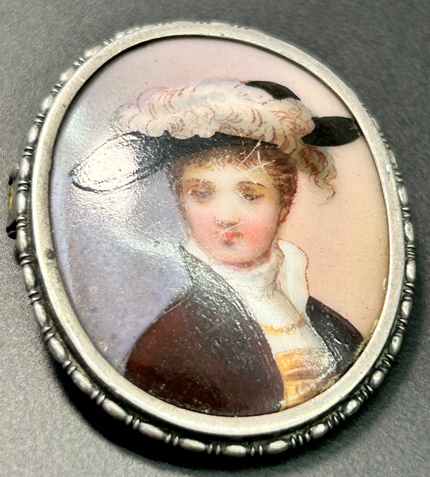 Antique Sterling Silver Painted Portrait Brooch