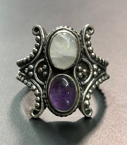 Silver Tone Amethyst & Quartz Ring