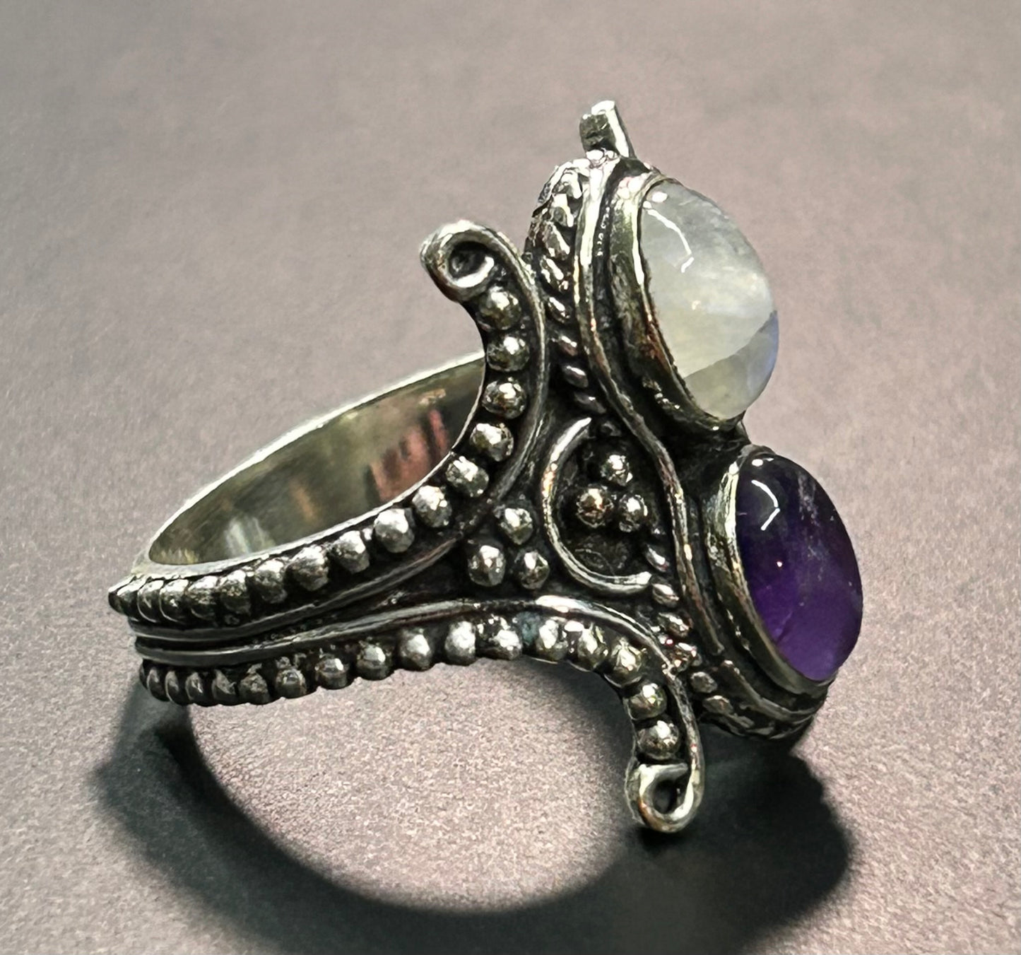 Silver Tone Amethyst & Quartz Ring