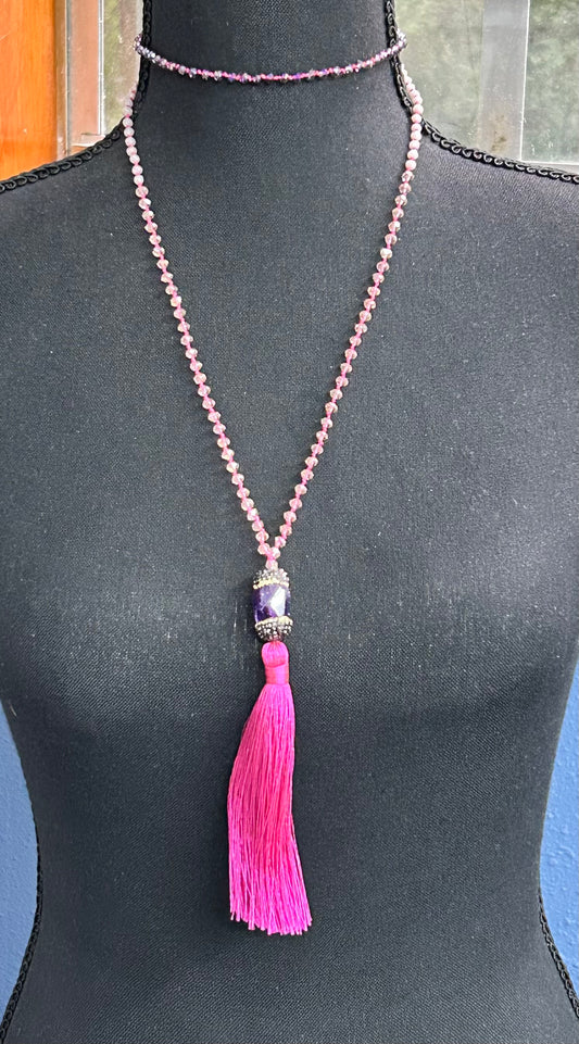 Glass & Amethyst Tassel Necklace