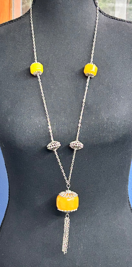 Silver Tone Resin Copal Bead Necklace