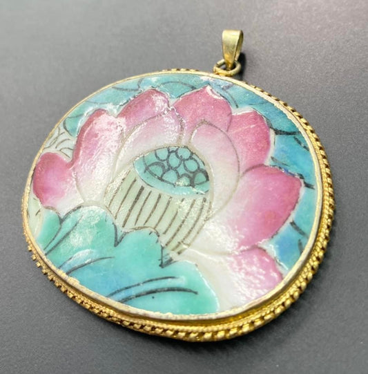 Vintage Hand Painted Bone Flower Pendant