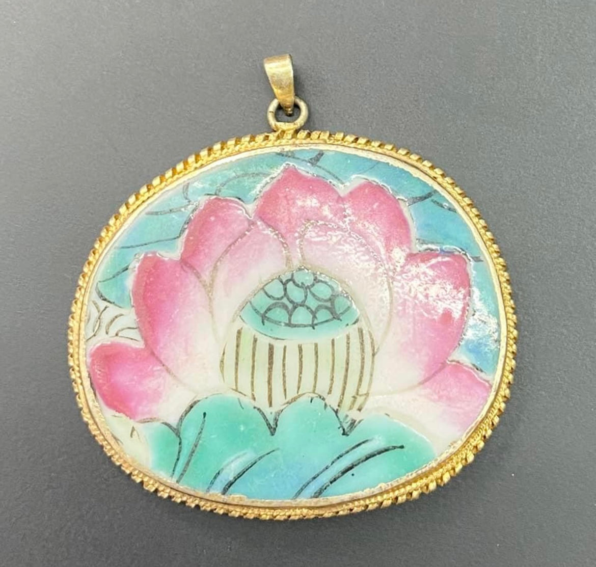 Vintage Hand Painted Bone Flower Pendant
