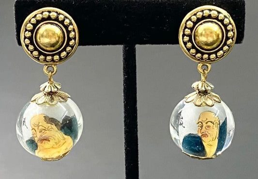 Reverse Painted Buddha Glass Clip Earrings