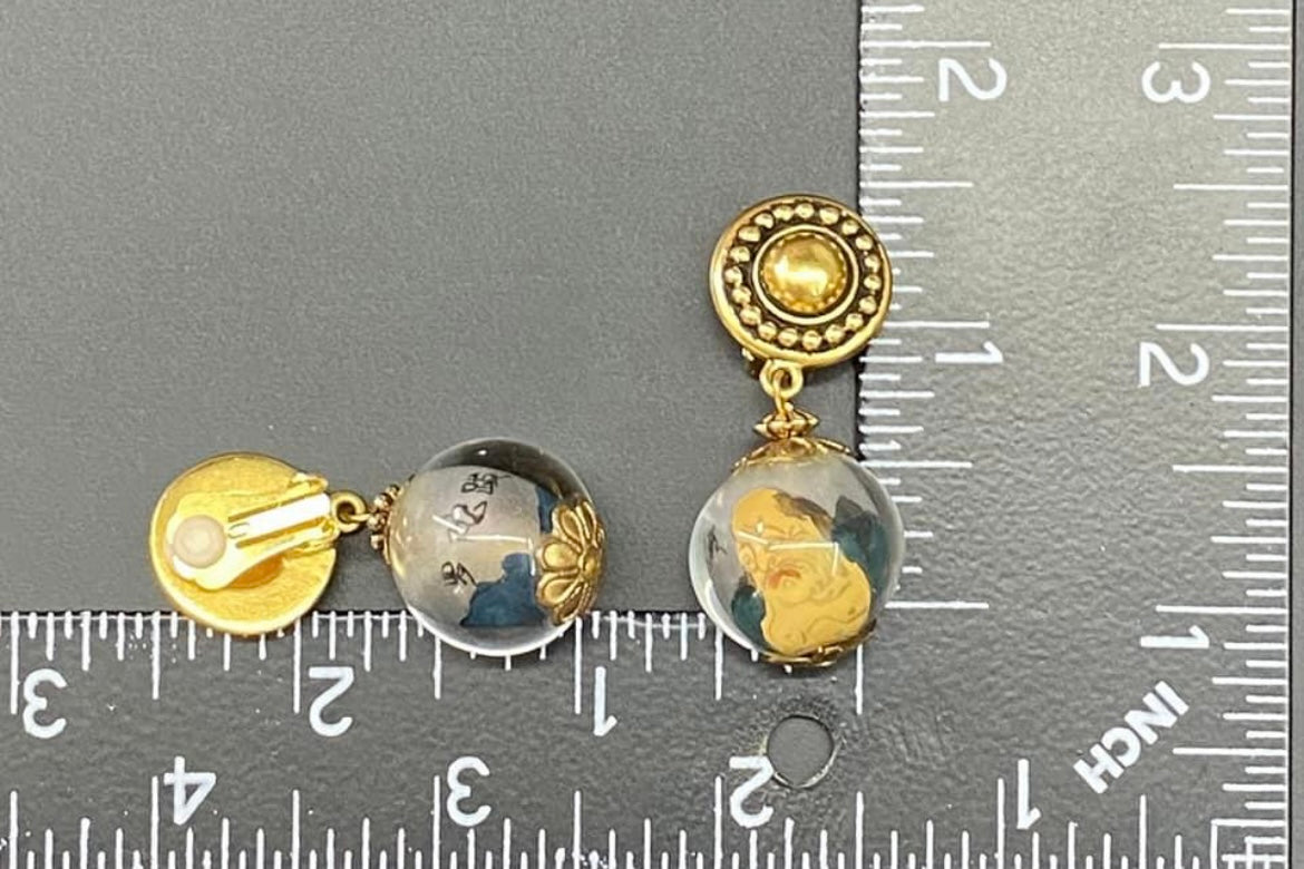 Reverse Painted Buddha Glass Clip Earrings