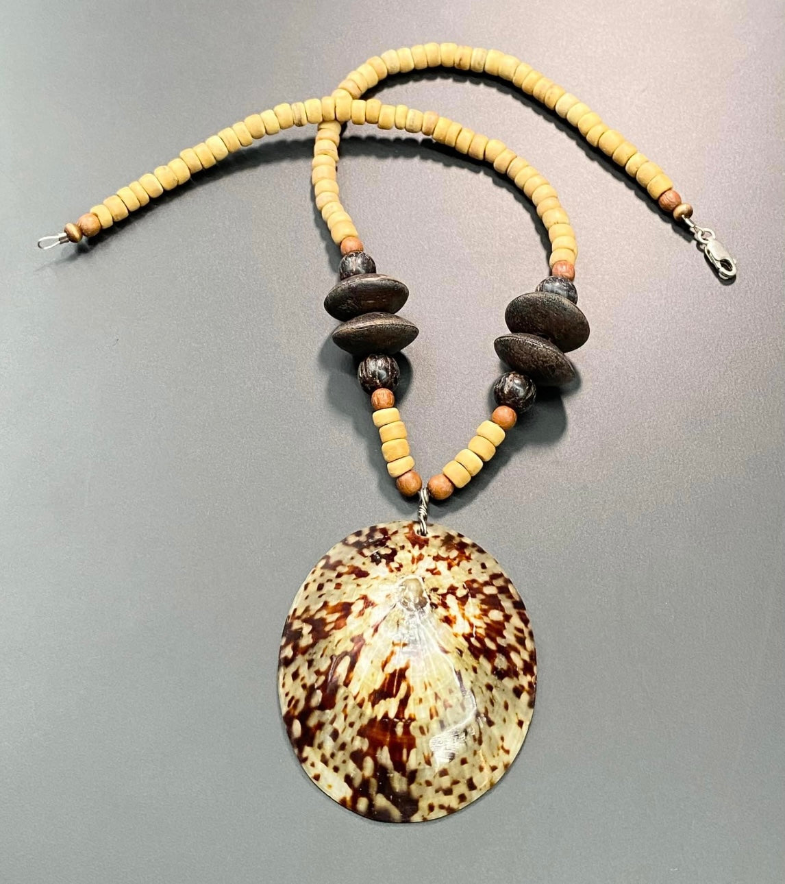 Limpet Shell & Wood Necklace Sterling Clasp