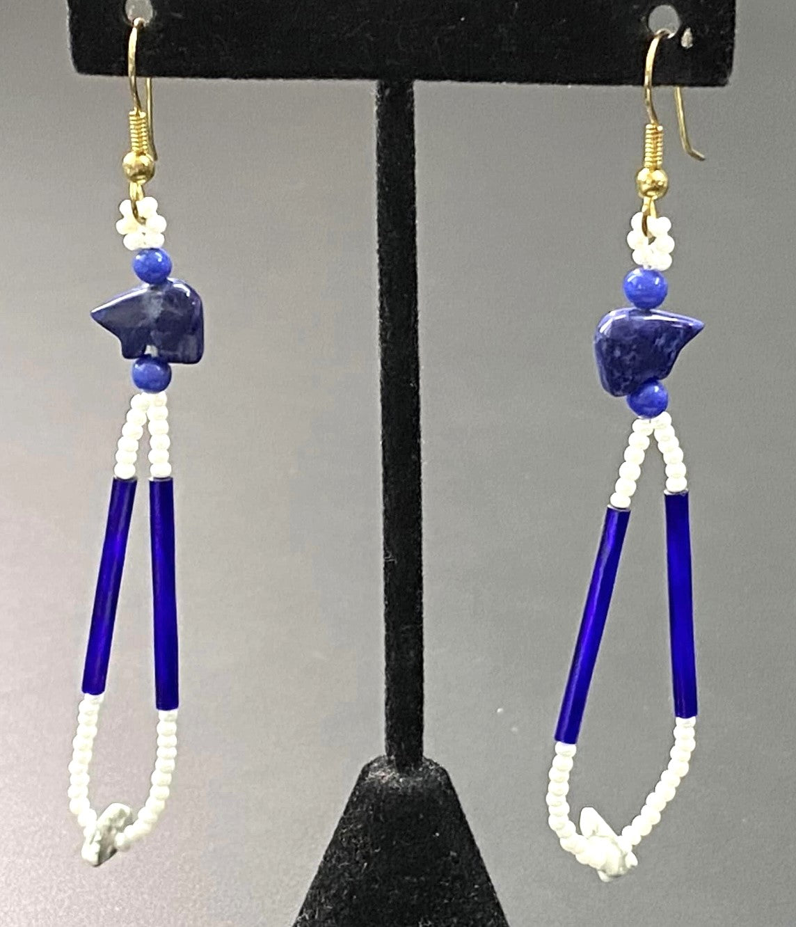 Lapis Carved Bear Seed Bead Earrings