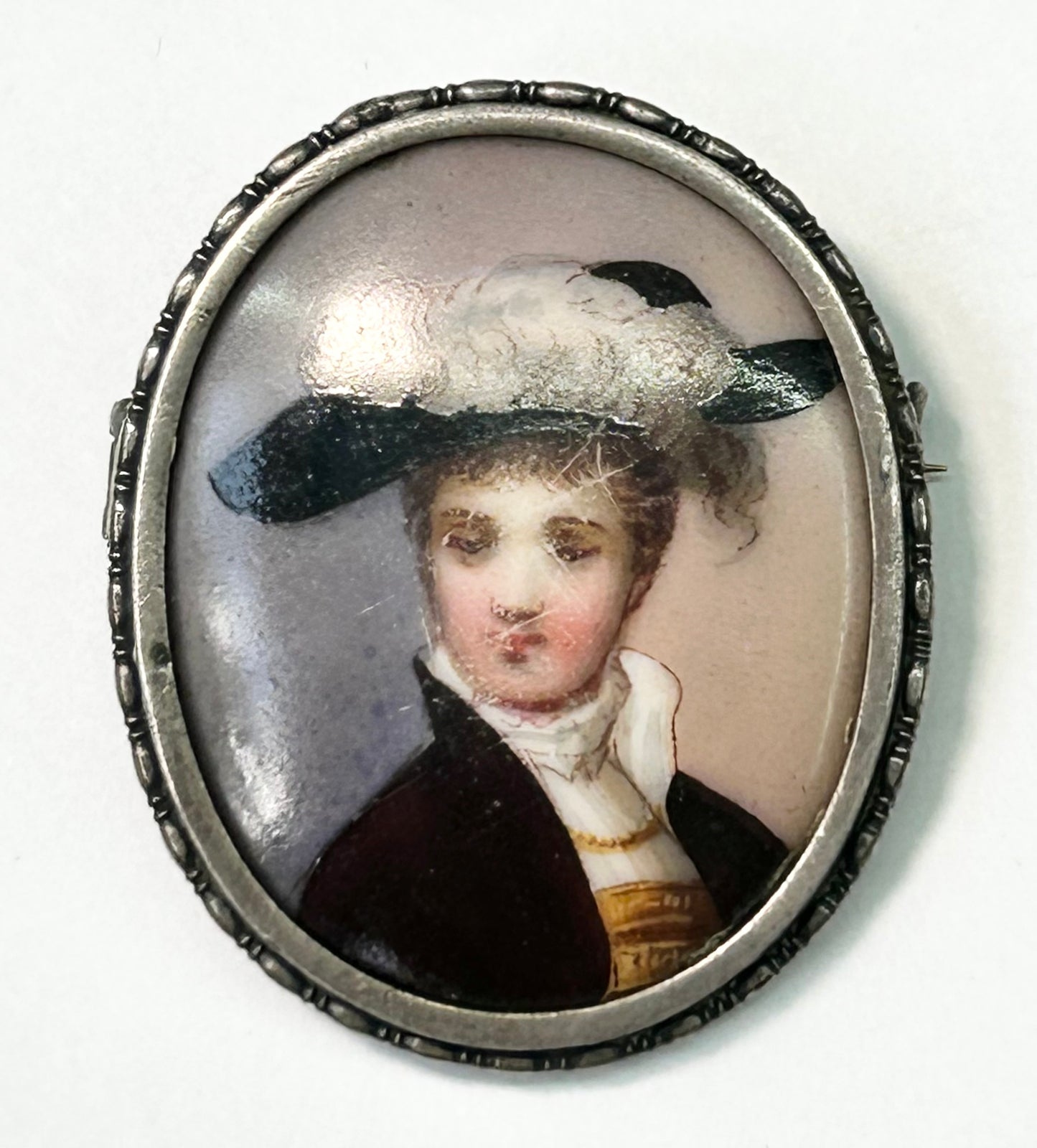 Antique Sterling Silver Painted Portrait Brooch