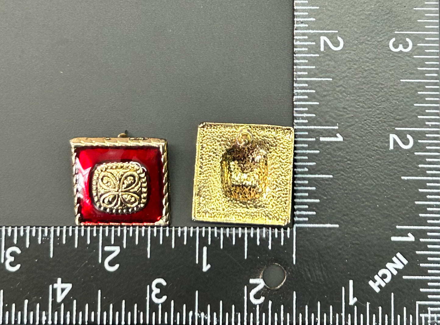 Gold Tone & Red Enamel Earrings