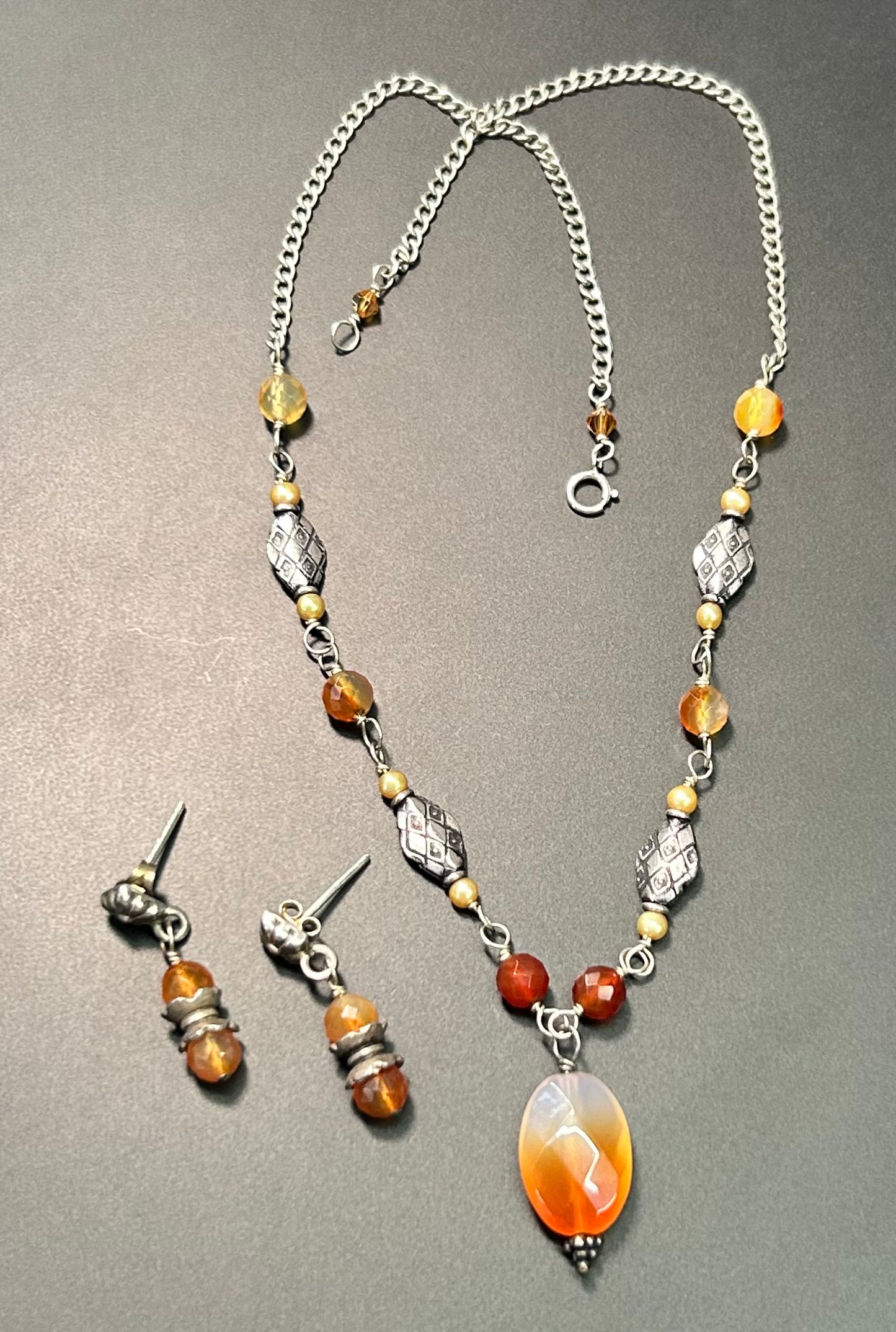 Sterling Silver Carnelian Earrings & Necklace Set