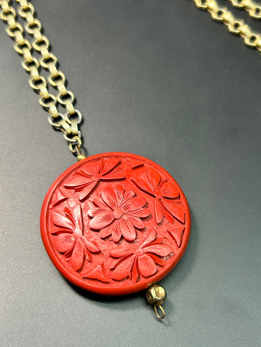 Carved Flower Cinnabar Necklace