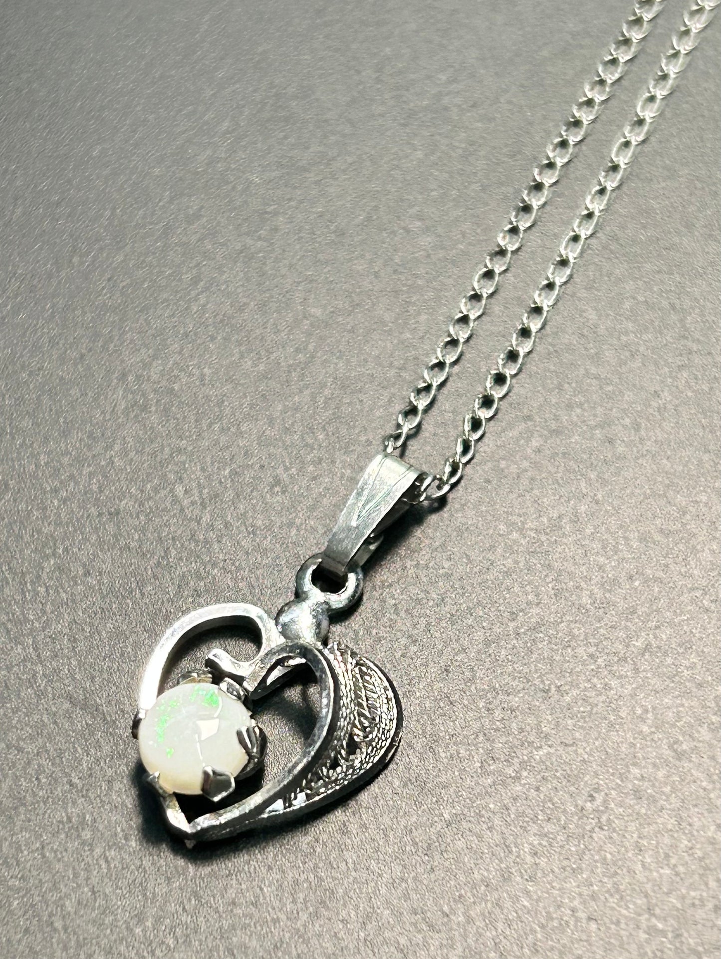 Vintage Sterling Silver Opal Heart Necklace