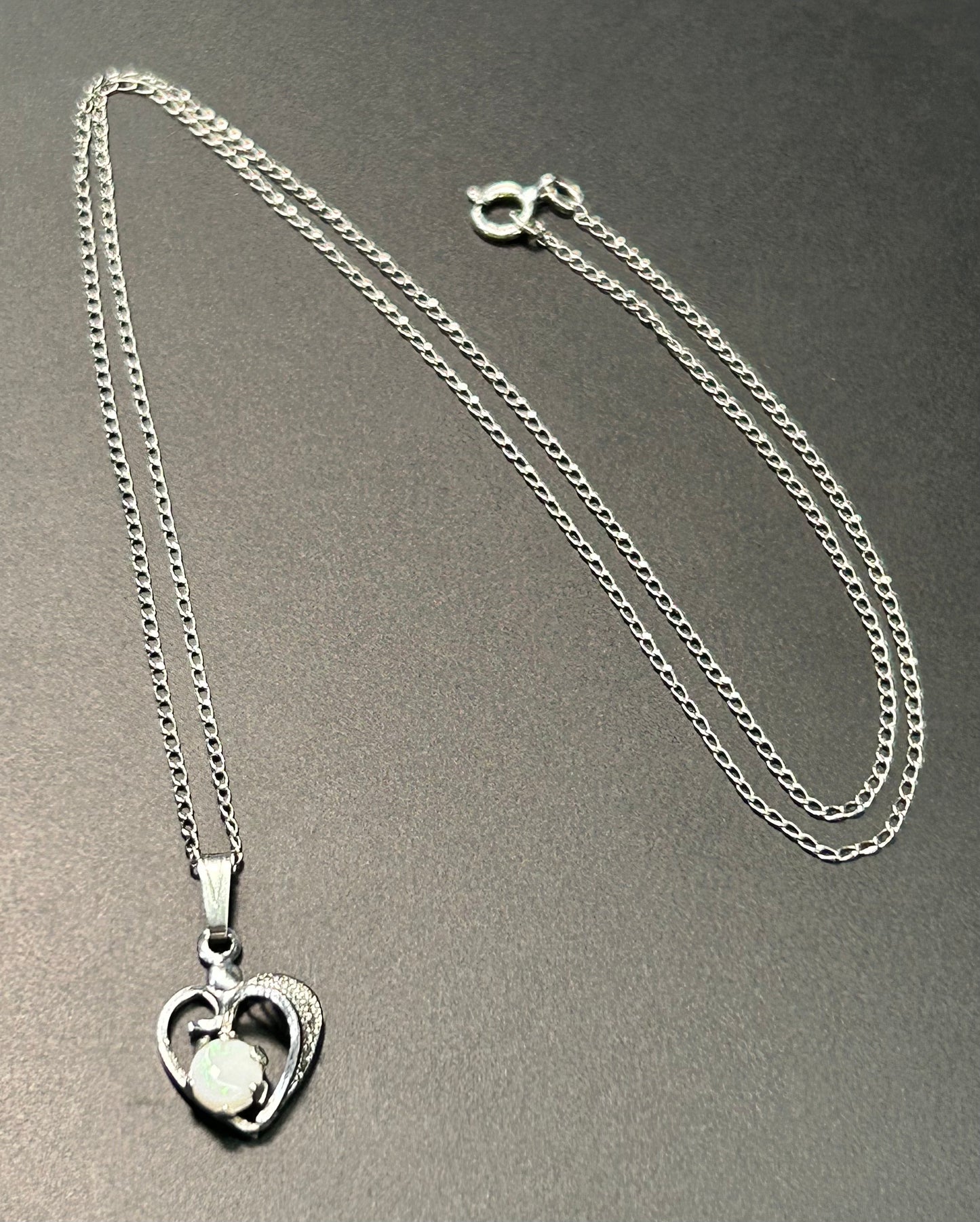 Vintage Sterling Silver Opal Heart Necklace