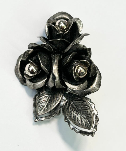 Gunmetal Tone Rose Brooch