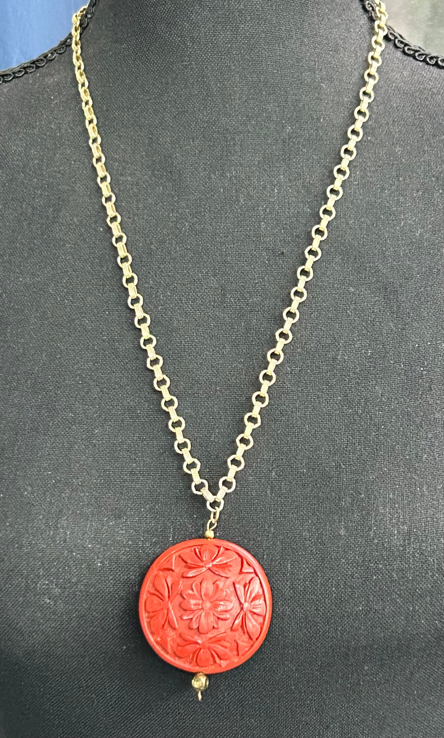 Carved Flower Cinnabar Necklace