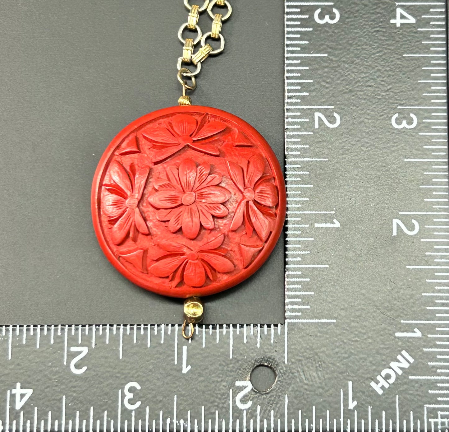 Carved Flower Cinnabar Necklace