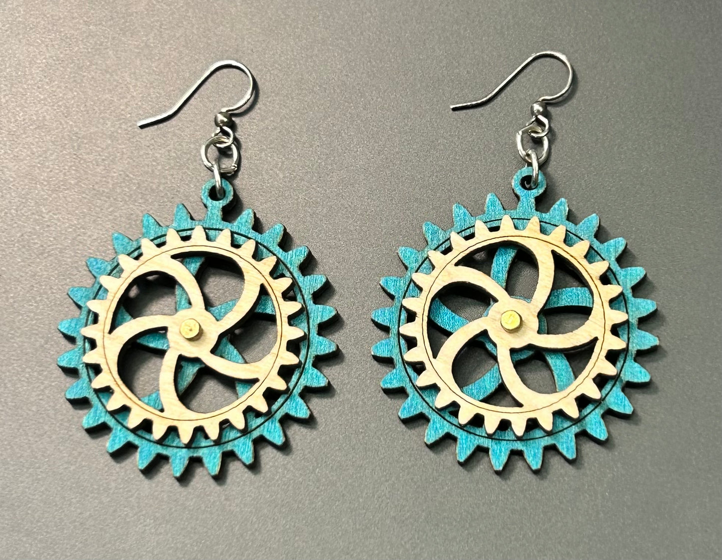Wood Spinning Gear Earrings