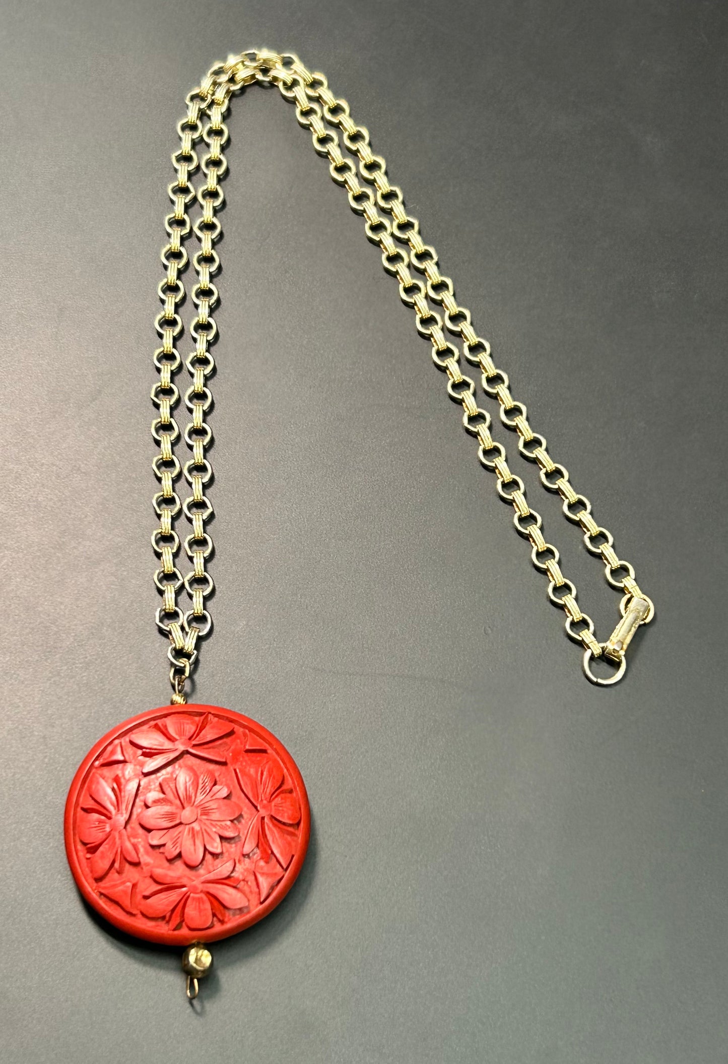 Carved Flower Cinnabar Necklace