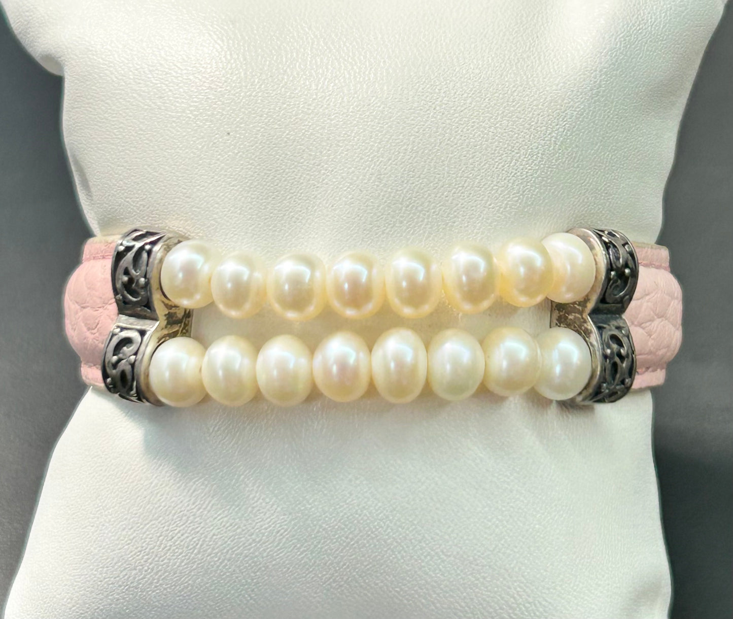 Sterling Silver Pearl & Leather Bracelet