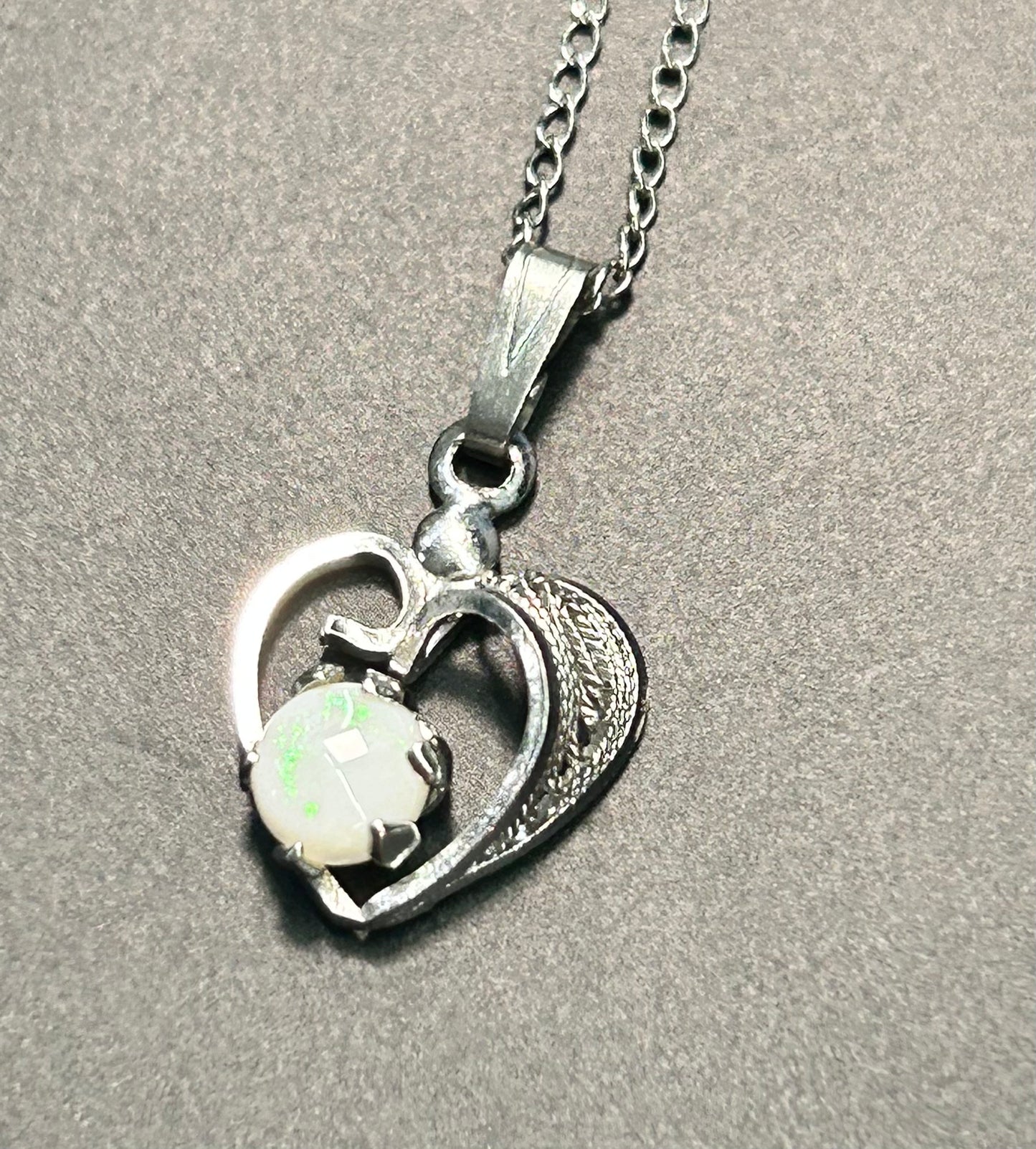 Vintage Sterling Silver Opal Heart Necklace