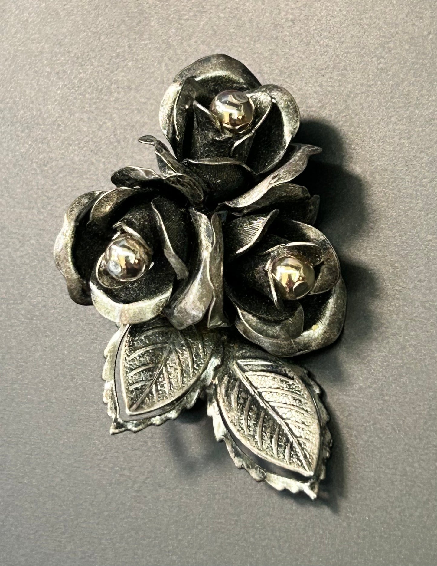 Gunmetal Tone Rose Brooch