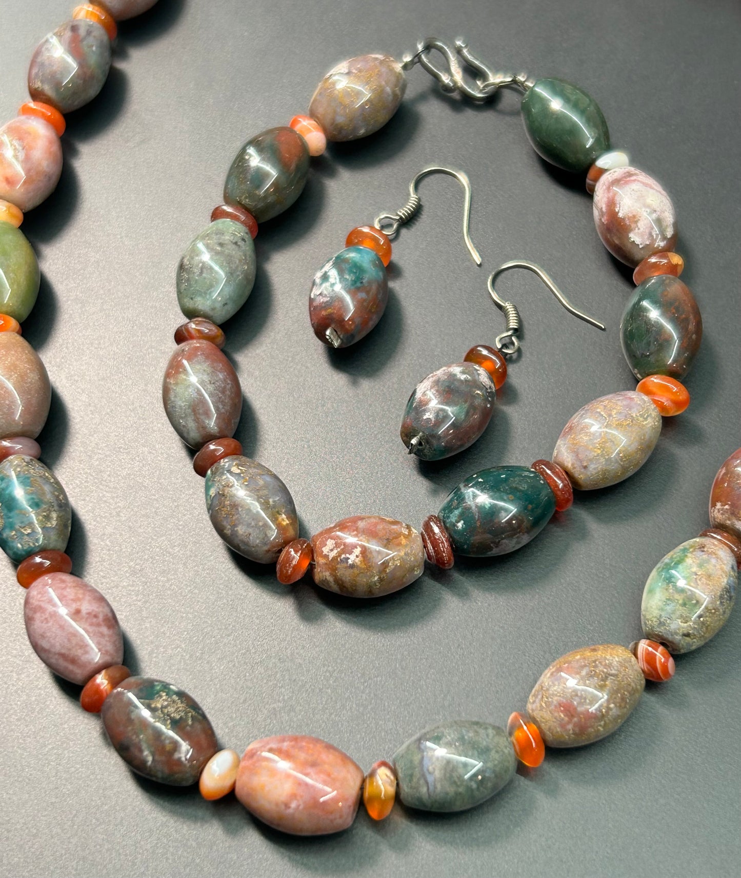 Sterling Silver Agate Necklace Earrings & Bracelet Set