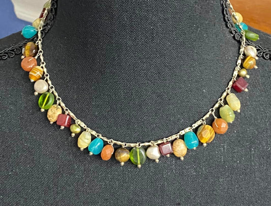 Multi Stone Silver Tone Necklace