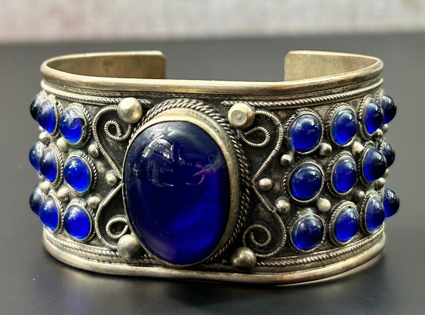 Blue Glass Cabochon Cuff Bracelet