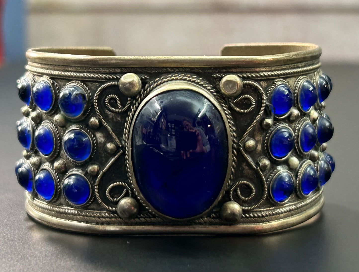 Blue Glass Cabochon Cuff Bracelet