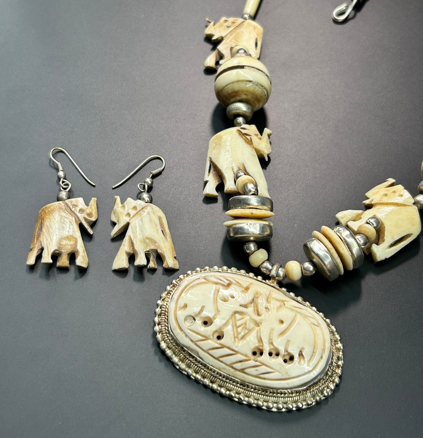 Carved Bone Elephant Necklace & Earrings