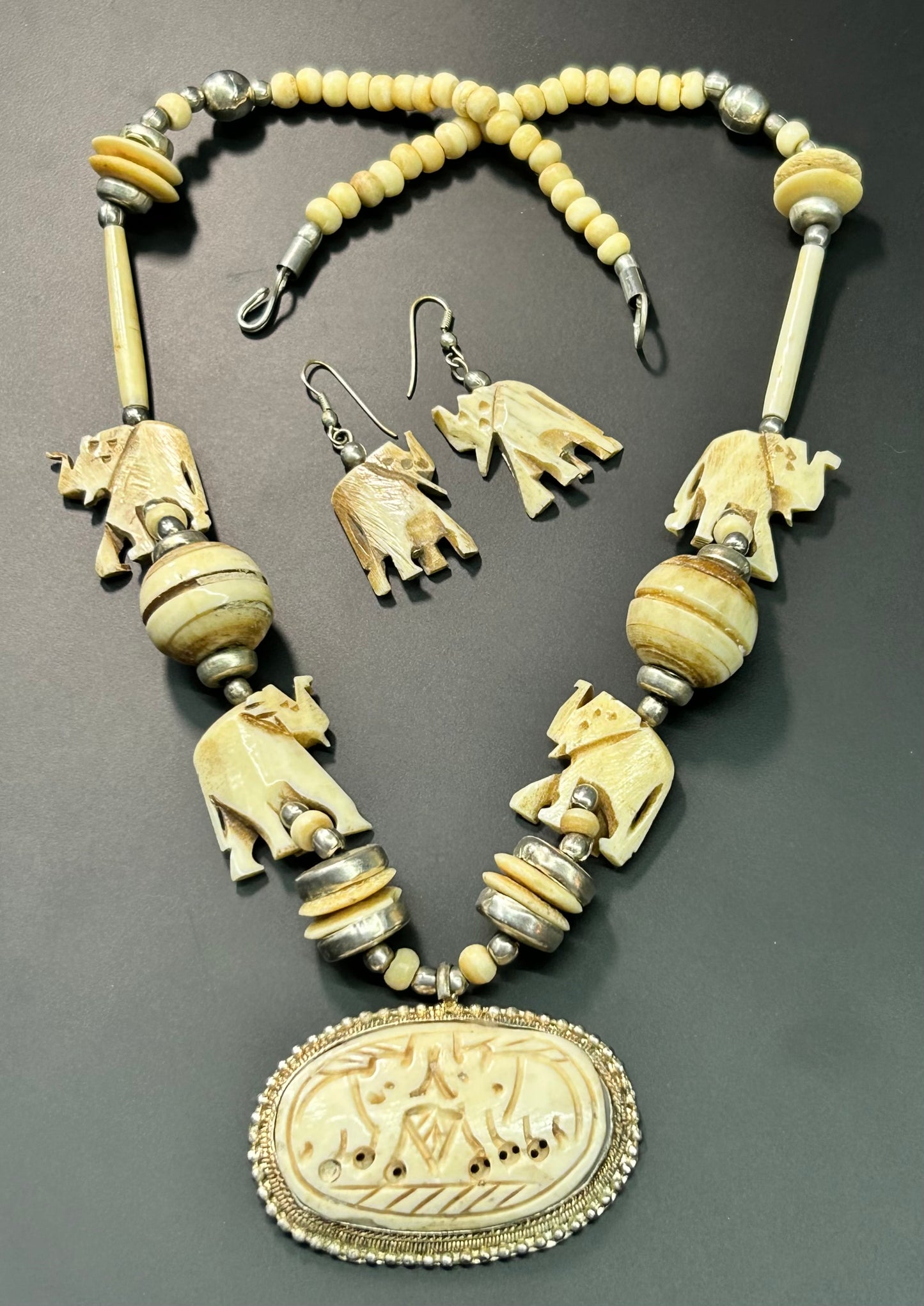 Carved Bone Elephant Necklace & Earrings