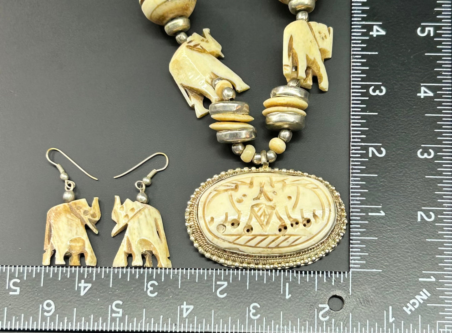 Carved Bone Elephant Necklace & Earrings