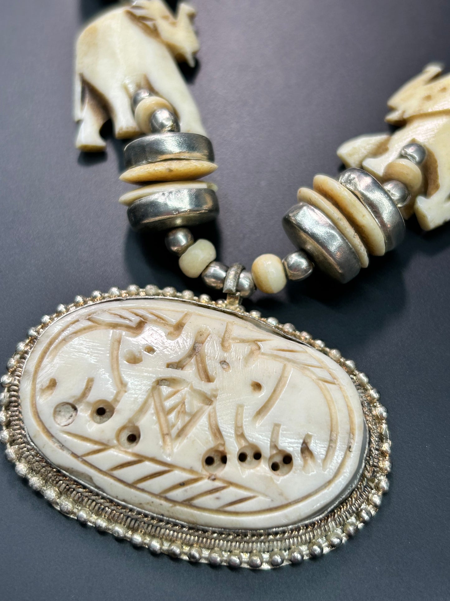 Carved Bone Elephant Necklace & Earrings