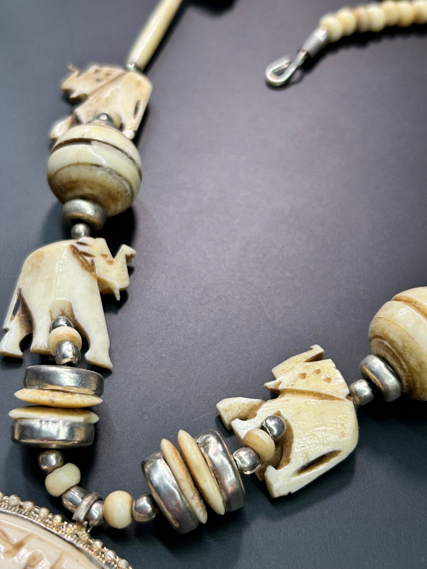 Carved Bone Elephant Necklace & Earrings