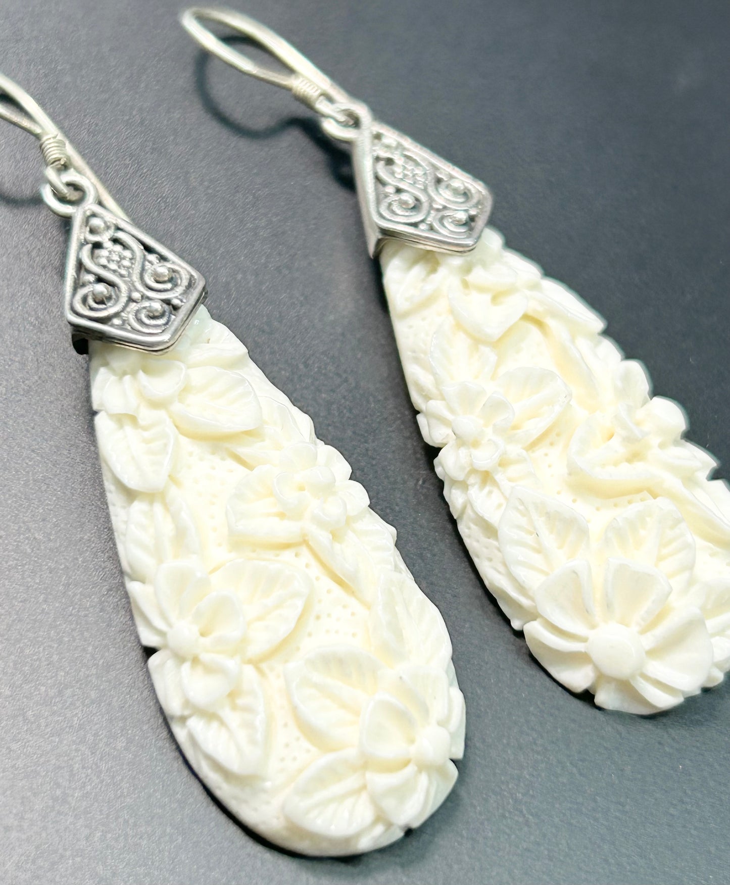 Sterling Silver Carved Bone Earrings