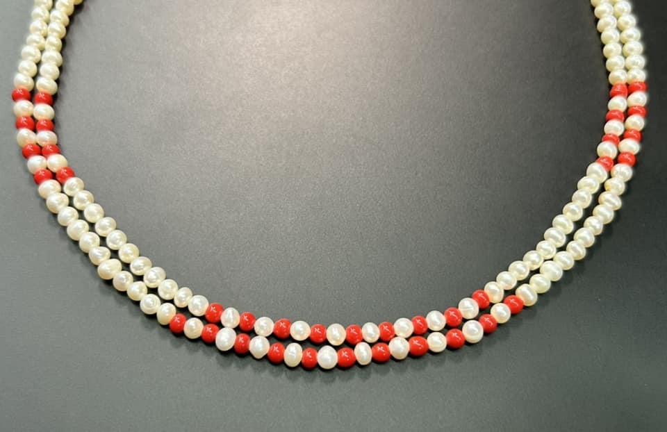 Double Strand Pearl & Red Bead Necklace