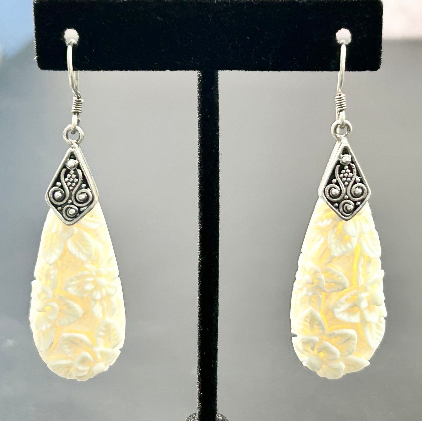 Sterling Silver Carved Bone Earrings