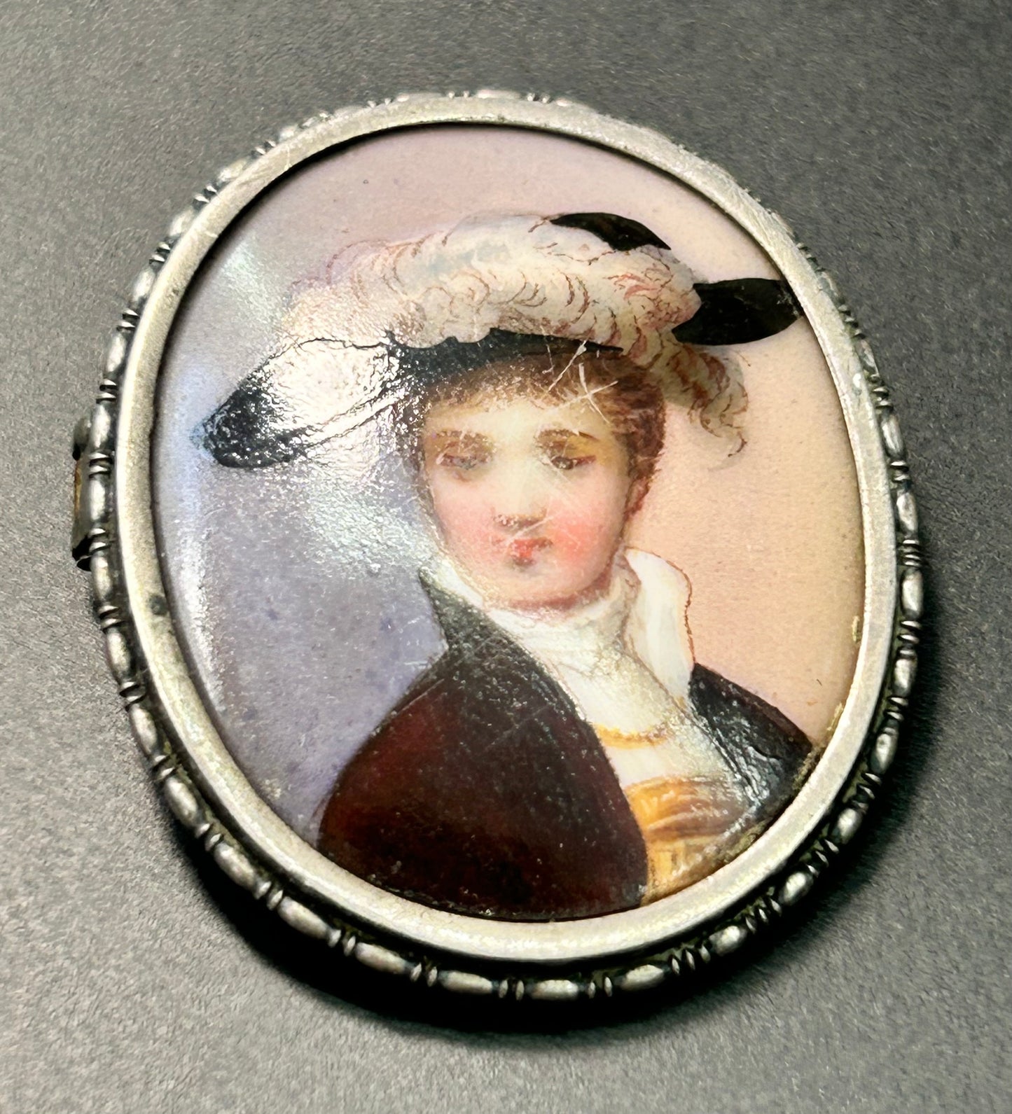 Antique Sterling Silver Painted Portrait Brooch