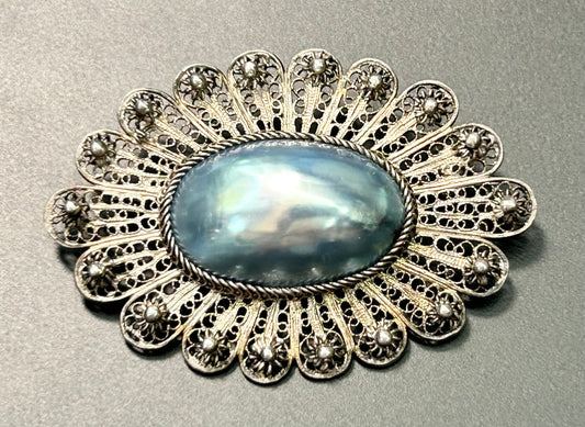 Antique Sterling Silver Baroque Pearl Brooch