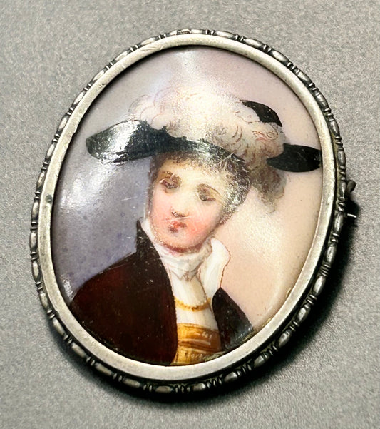 Antique Sterling Silver Painted Portrait Brooch