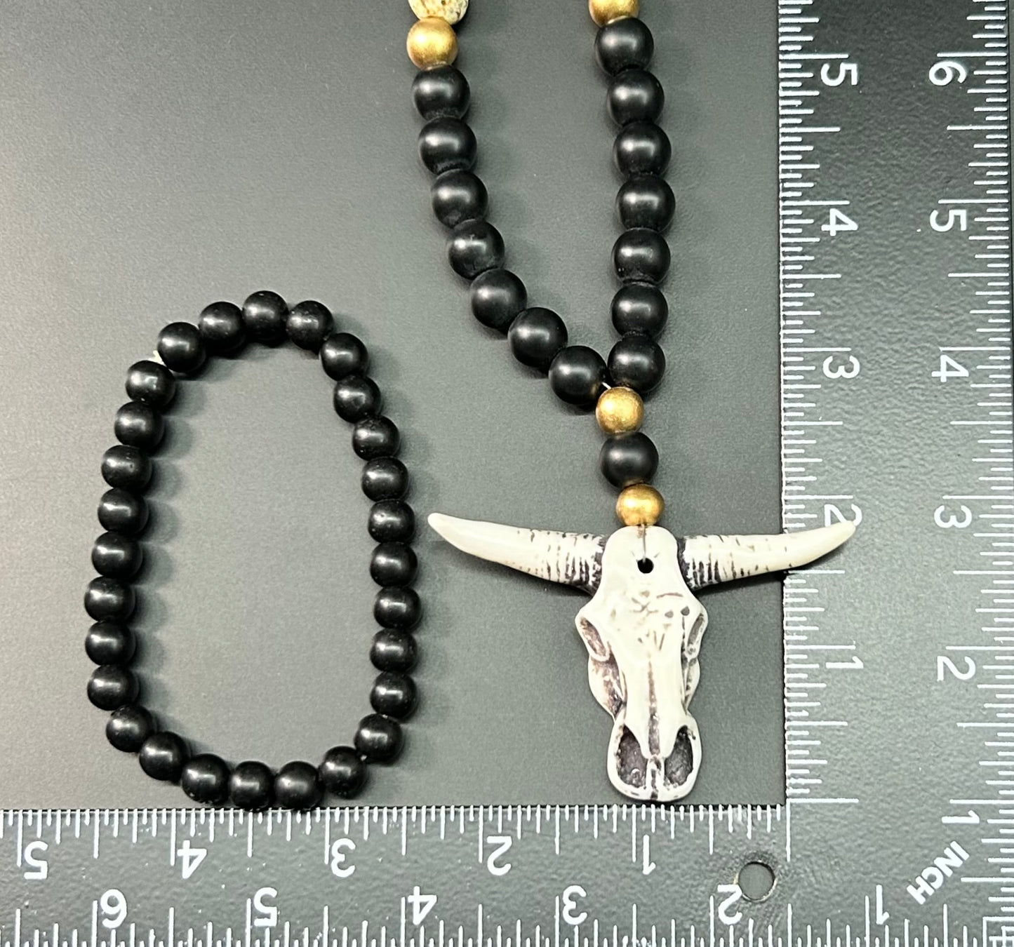 Jasper & Onyx Cow Skull Necklace & Bracelet