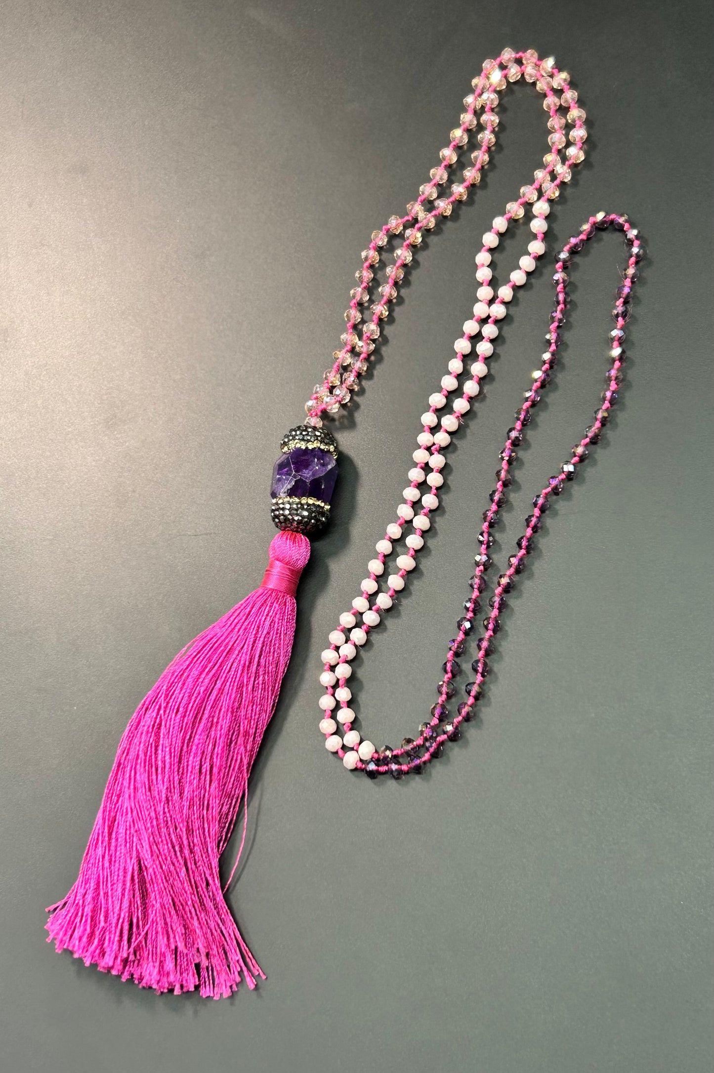 Glass & Amethyst Tassel Necklace