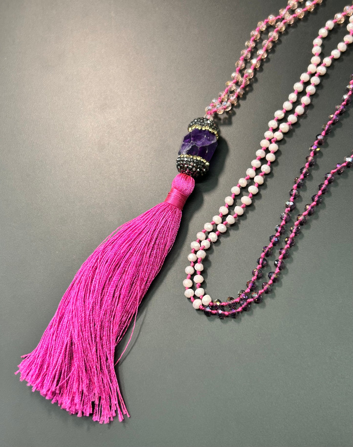 Glass & Amethyst Tassel Necklace