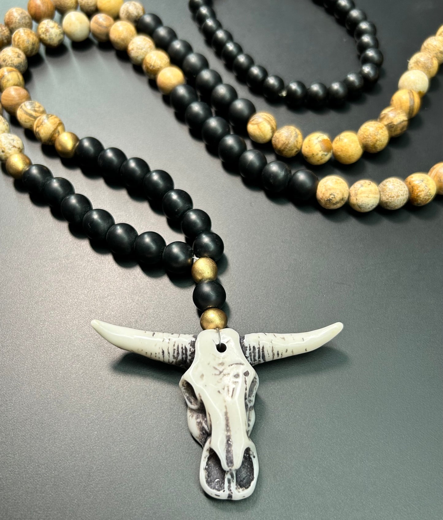 Jasper & Onyx Cow Skull Necklace & Bracelet